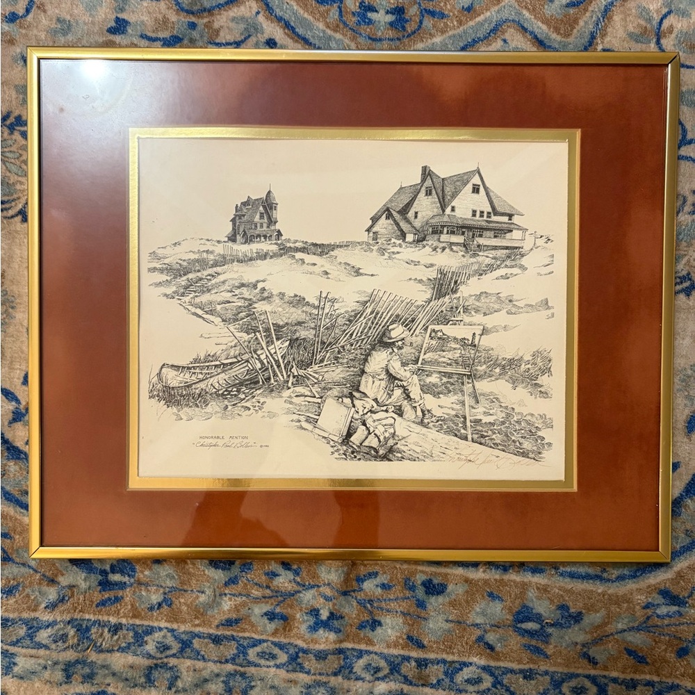 VINTAGE signed Christopher Bolen Honorable Mention pen ink in gold suede frame